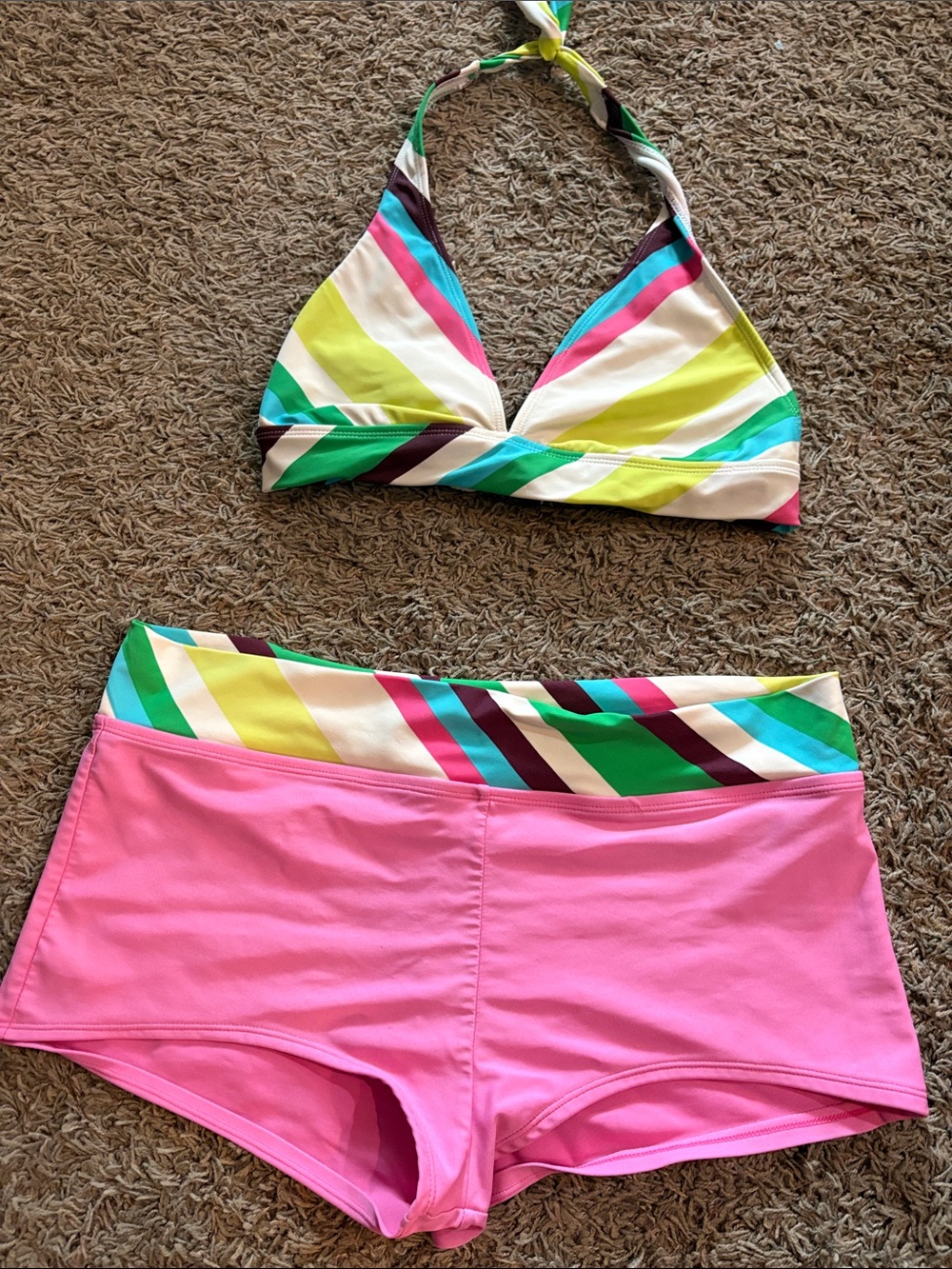 Striped Halter Bikini Top and Pink Swim Shorts Set
